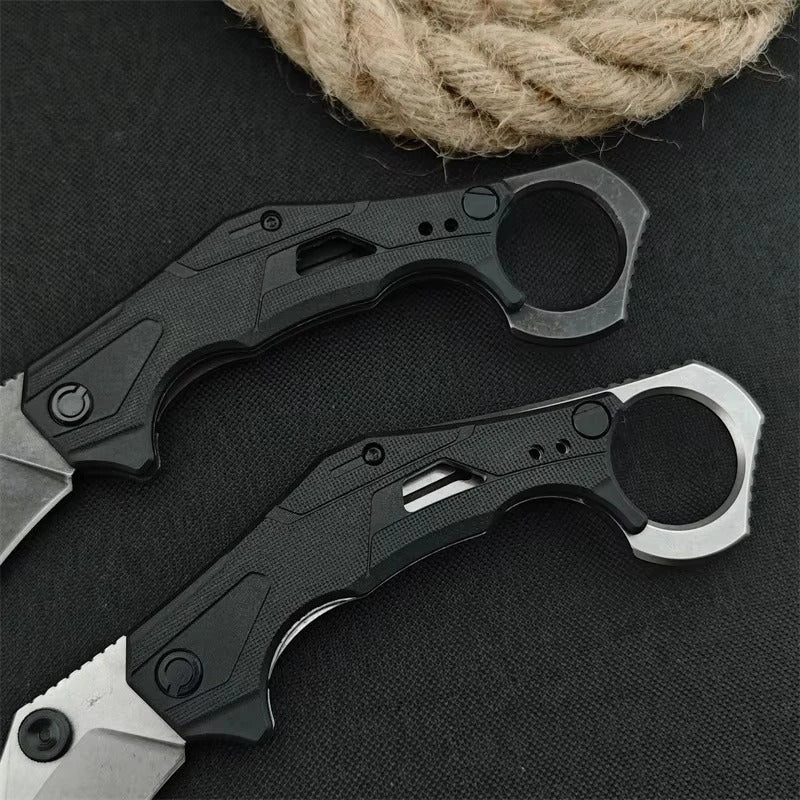 Tactical Assist Flip Knife 8Cr13Mov Washed Claw Knife Black Nylon Fiber with Pinky Ring Outdoor Hunting Survival Tool