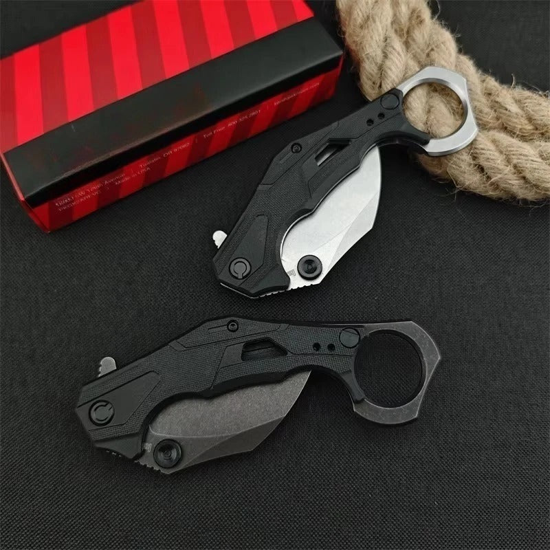 Tactical Assist Flip Knife 8Cr13Mov Washed Claw Knife Black Nylon Fiber with Pinky Ring Outdoor Hunting Survival Tool