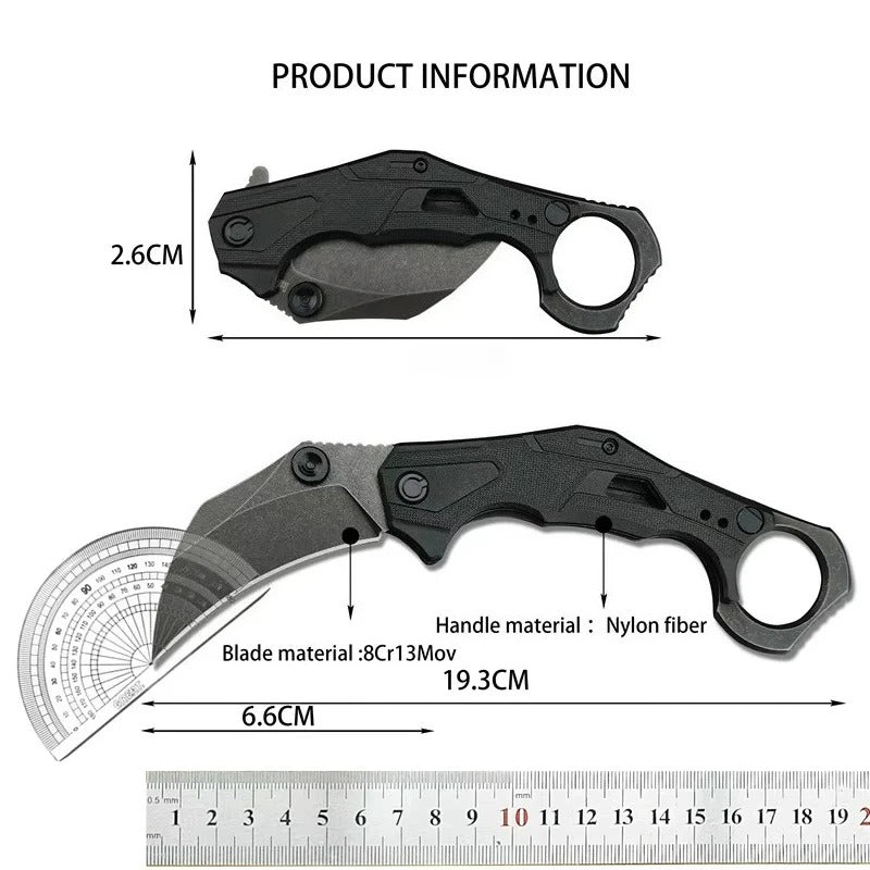 Tactical Assist Flip Knife 8Cr13Mov Washed Claw Knife Black Nylon Fiber with Pinky Ring Outdoor Hunting Survival Tool