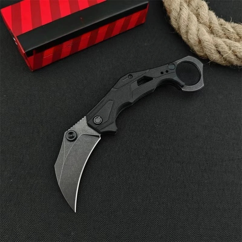 Tactical Assist Flip Knife 8Cr13Mov Washed Claw Knife Black Nylon Fiber with Pinky Ring Outdoor Hunting Survival Tool