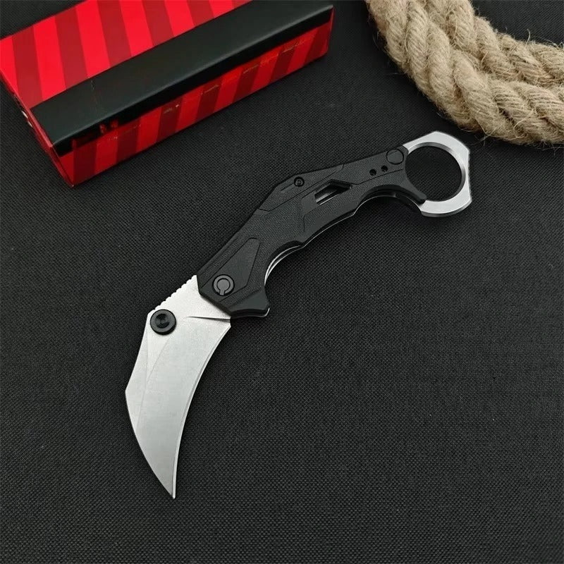 Tactical Assist Flip Knife 8Cr13Mov Washed Claw Knife Black Nylon Fiber with Pinky Ring Outdoor Hunting Survival Tool