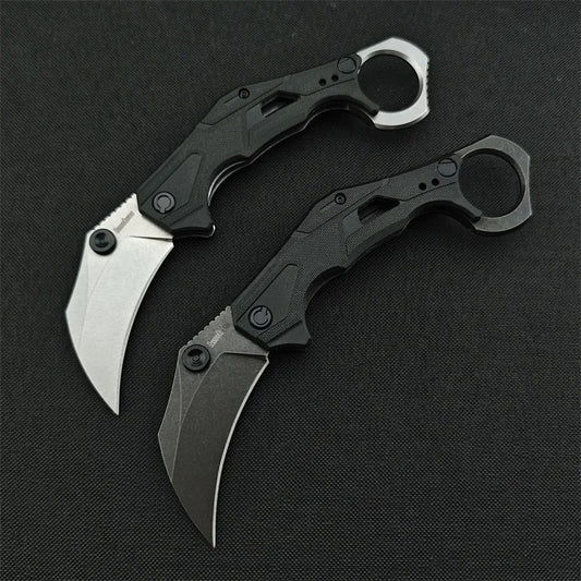 Tactical Assist Flip Knife 8Cr13Mov Washed Claw Knife Black Nylon Fiber with Pinky Ring Outdoor Hunting Survival Tool