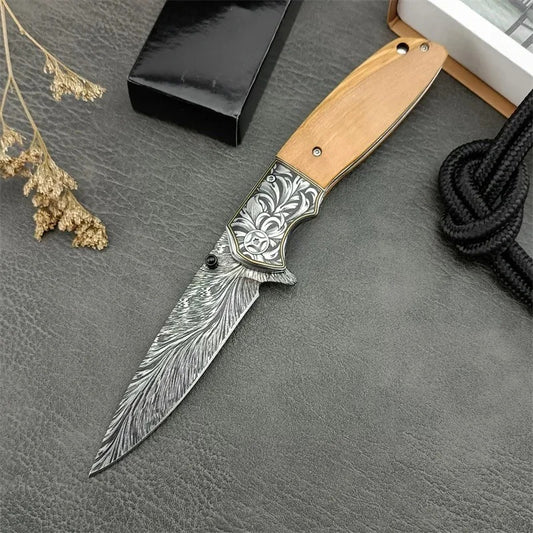 Quick Open Tactical Folding Knife High Hardness 8Cr13Mov Blade Color Wood Handle Outdoor Jungle Hiking Survival EDC Tool
